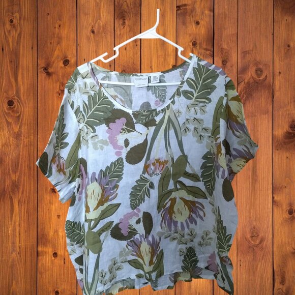 Rachel Zoe Tops - Rachel Zoe Women's 3X Floral Tropical 100% Linen Pullover Top Short Sleeve Boxy